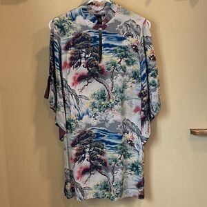 Vintage Lucky Brand Asian Landscape Print Kimono Dress